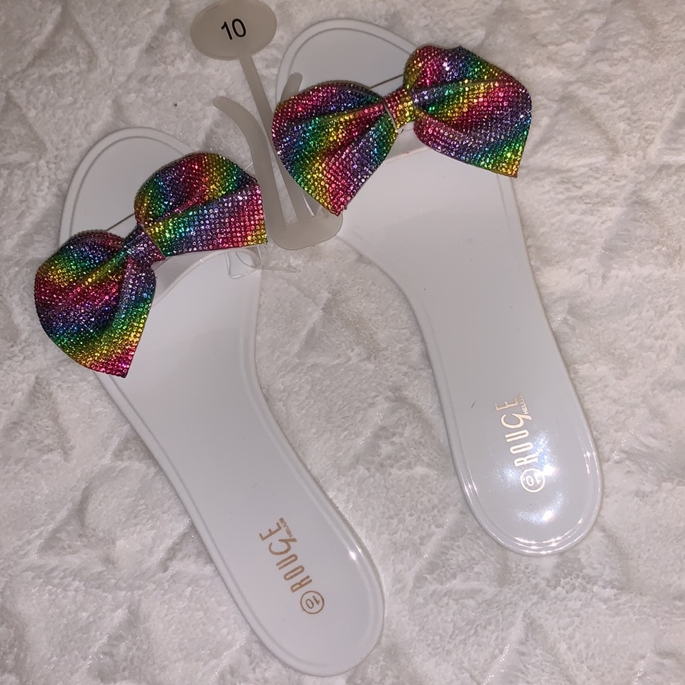 💜NWT Cute White Jelly Slides with Multi-Colored Rhinestone Bow💜Size 10💜 - Picture 6 of 6